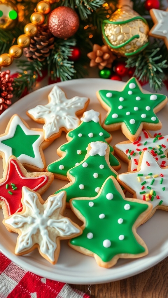 A plate of decorated Christmas sugar cookies in festive shapes with icing and sprinkles.